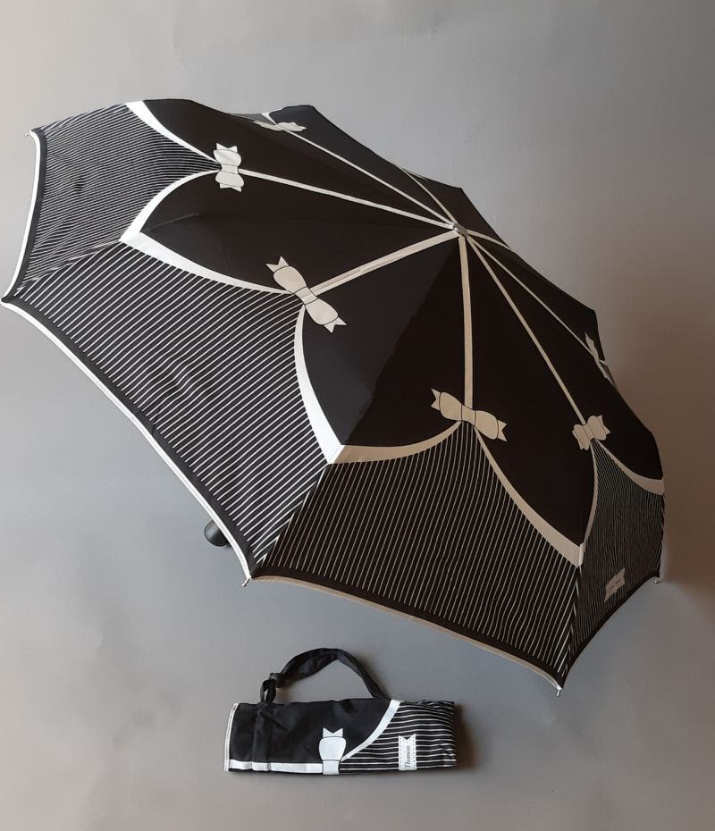 Parapluie mini pliant open close noir imprimé noeud blanc Chantal Thomass, élégant et solide