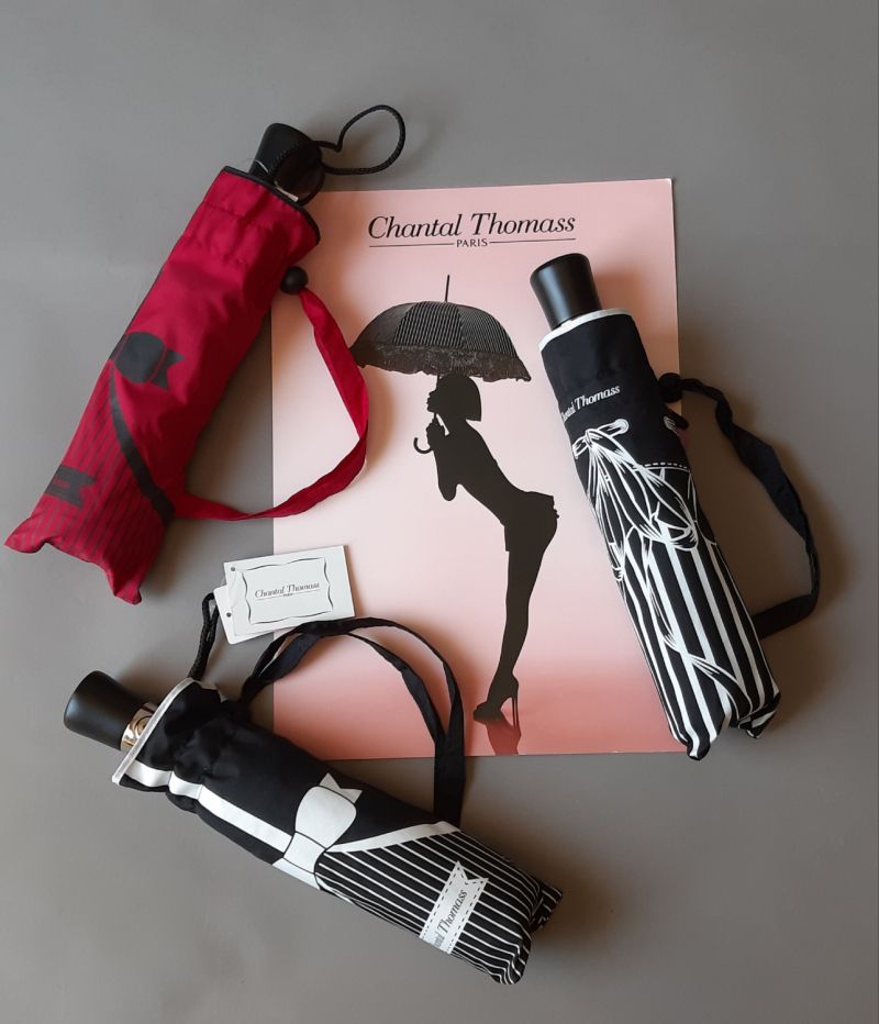 Parapluie mini pliant open close noir imprimé noeud blanc Chantal Thomass, élégant et solide