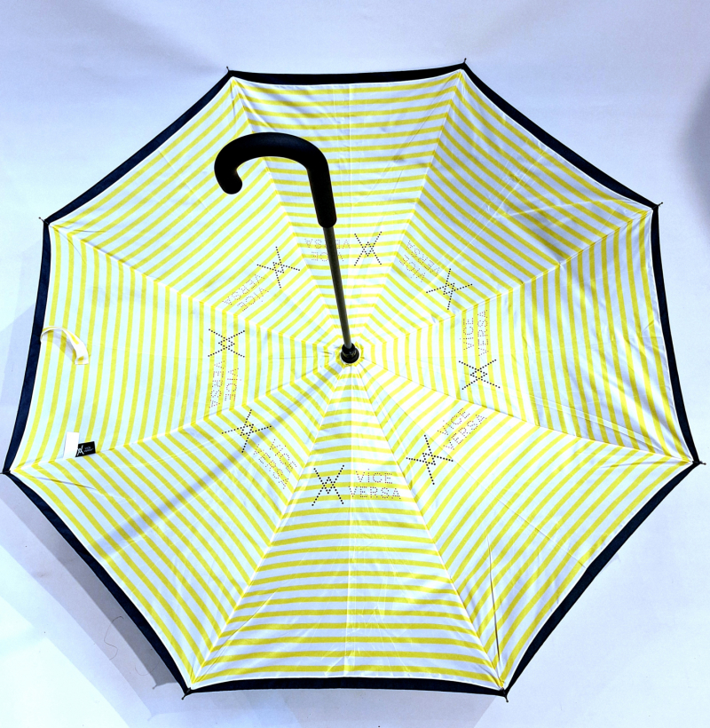 Parapluie inversé doublé bleu imprimé marinière jaune & blanc anti uv à 100%  Vice versa - original & anti vent