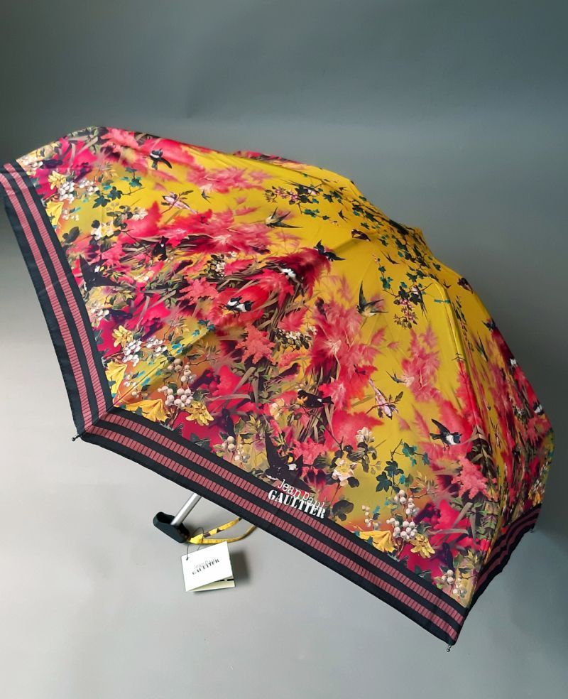 parapluie jean Paul Gaultier micro plat de poche jaune fleurs oiseaux pochon imperméable - léger & résistant