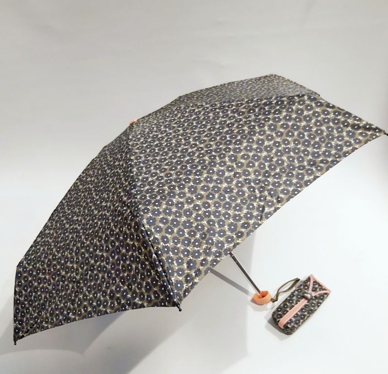 Parapluie de poche plat kaki imprimé petites fleurs poignée rose Ezpeleta, léger 210g & solide