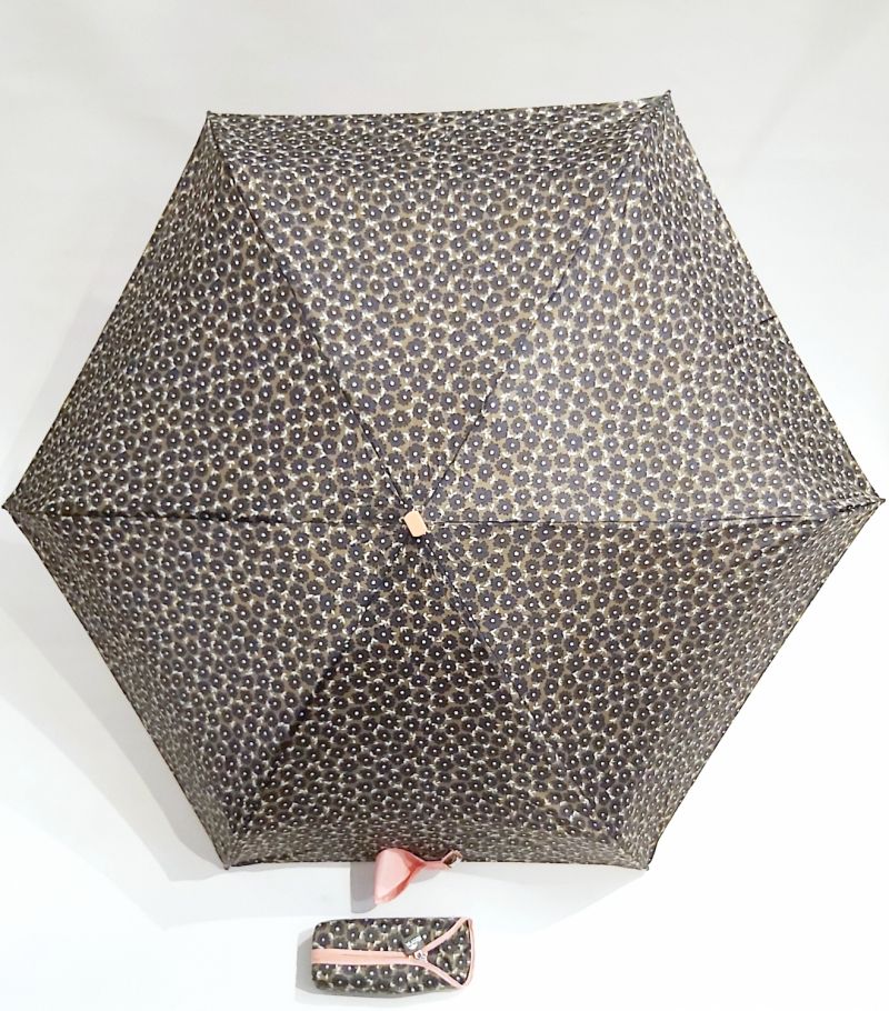 Parapluie de poche plat kaki imprimé petites fleurs poignée rose Ezpeleta, léger 210g & solide