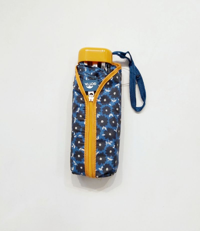 Micro parapluie de poche plat pliant bleu marine imprimé fleurs poignée jaune Ezpeleta, léger 215g & solide