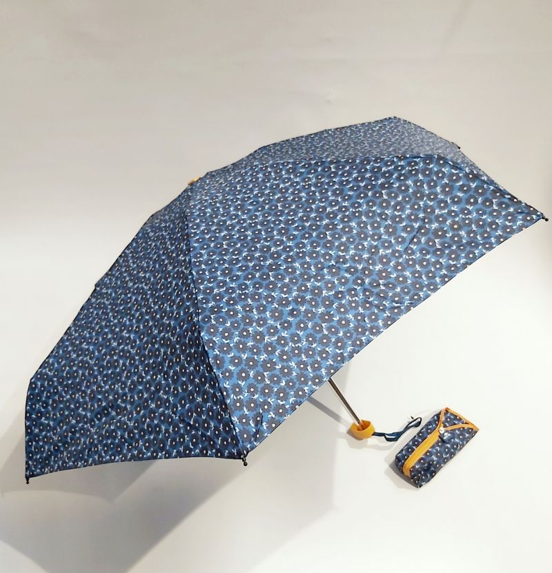 Micro parapluie de poche plat pliant bleu marine imprimé fleurs poignée jaune Ezpeleta, léger 215g & solide