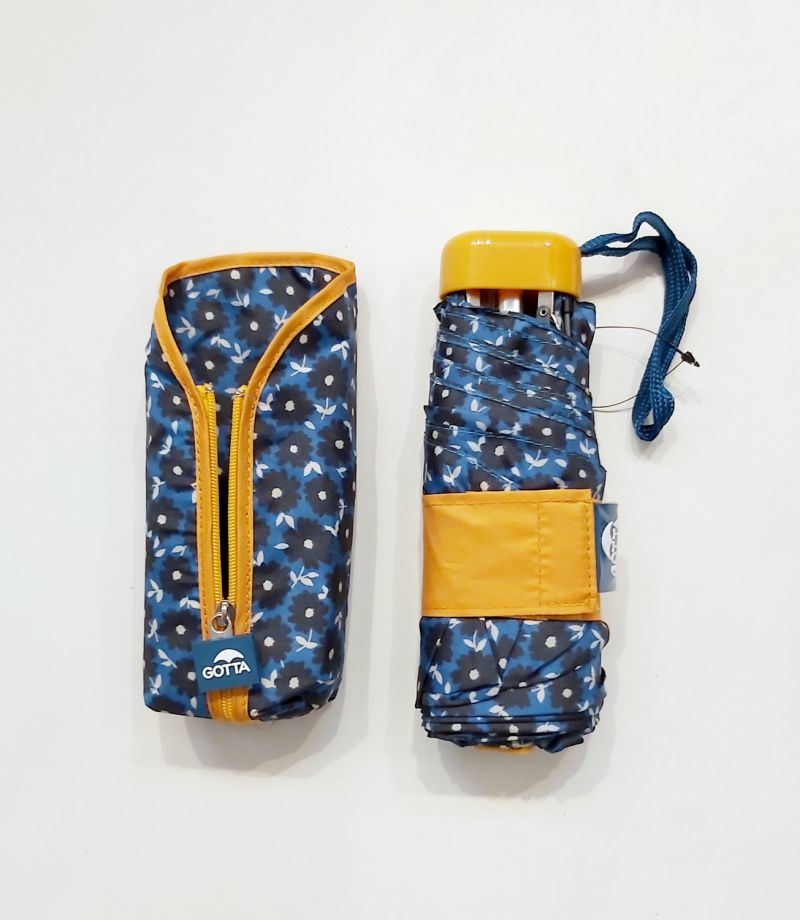 Micro parapluie de poche plat pliant bleu marine imprimé fleurs poignée jaune Ezpeleta, léger 215g & solide