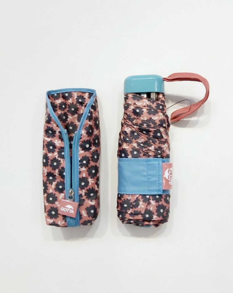 Micro parapluie de poche plat pliant rose imprimé fleurs poignée bleu ciel Ezpeleta, Solide & léger 215g