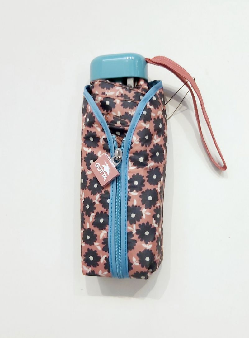 Micro parapluie de poche plat pliant rose imprimé fleurs poignée bleu ciel Ezpeleta, Solide & léger 215g
