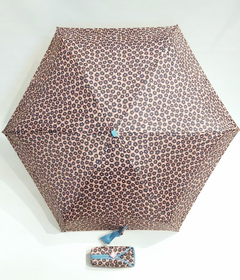 Micro parapluie de poche plat pliant rose imprimé fleurs poignée bleu ciel Ezpeleta, Solide & léger 215g