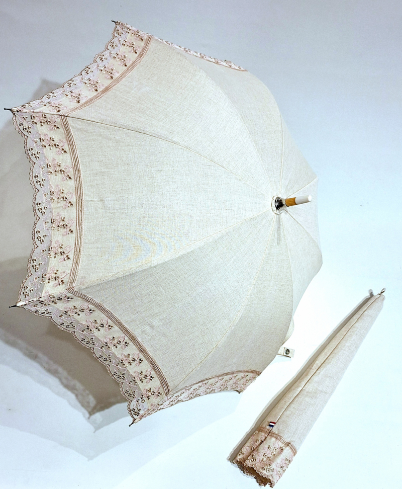 Ombrelle anti uv UPF50 française en lin naturel bordé de dentelle rose - Petite FLEURS - Poignée bois 