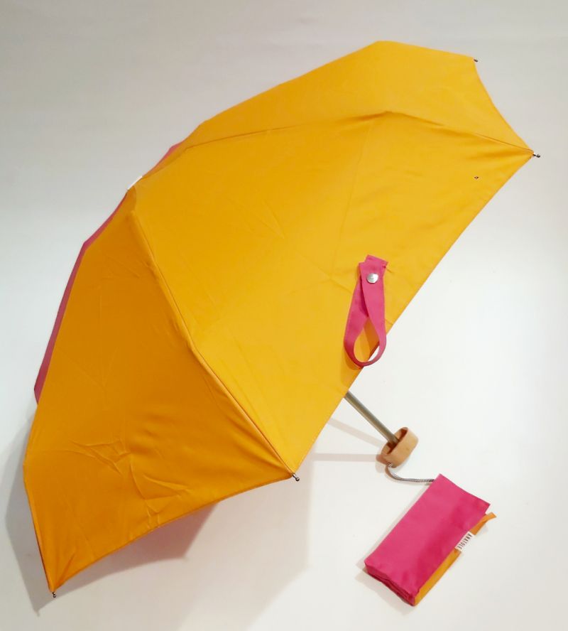 Mini parapluie pliant plat de poche bicolore Josephine tissu recyclé fuchsia et orange pg bois Anatole - léger & solide