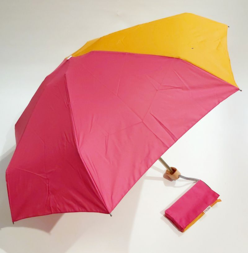 Mini parapluie pliant plat de poche bicolore Josephine tissu recyclé fuchsia et orange pg bois Anatole - léger & solide