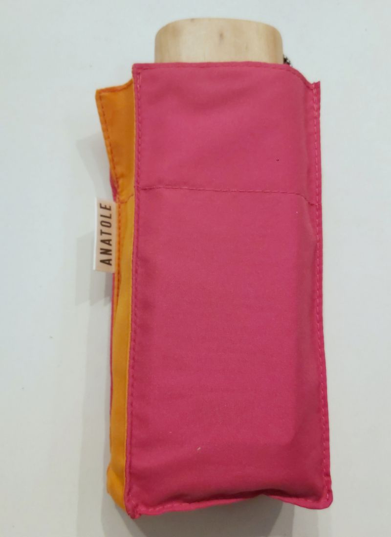 Mini parapluie pliant plat de poche bicolore Josephine tissu fuchsia et orange pg bois naturel Anatole, léger et solide