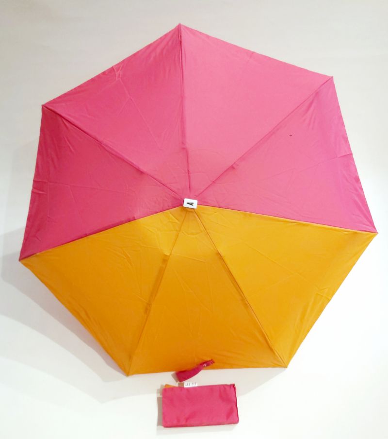 Mini parapluie pliant plat de poche bicolore Josephine tissu recyclé fuchsia et orange pg bois Anatole - léger & solide