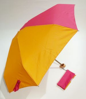 Mini parapluie pliant plat de poche bicolore Josephine tissu recyclé fuchsia et orange pg bois Anatole - léger & solide