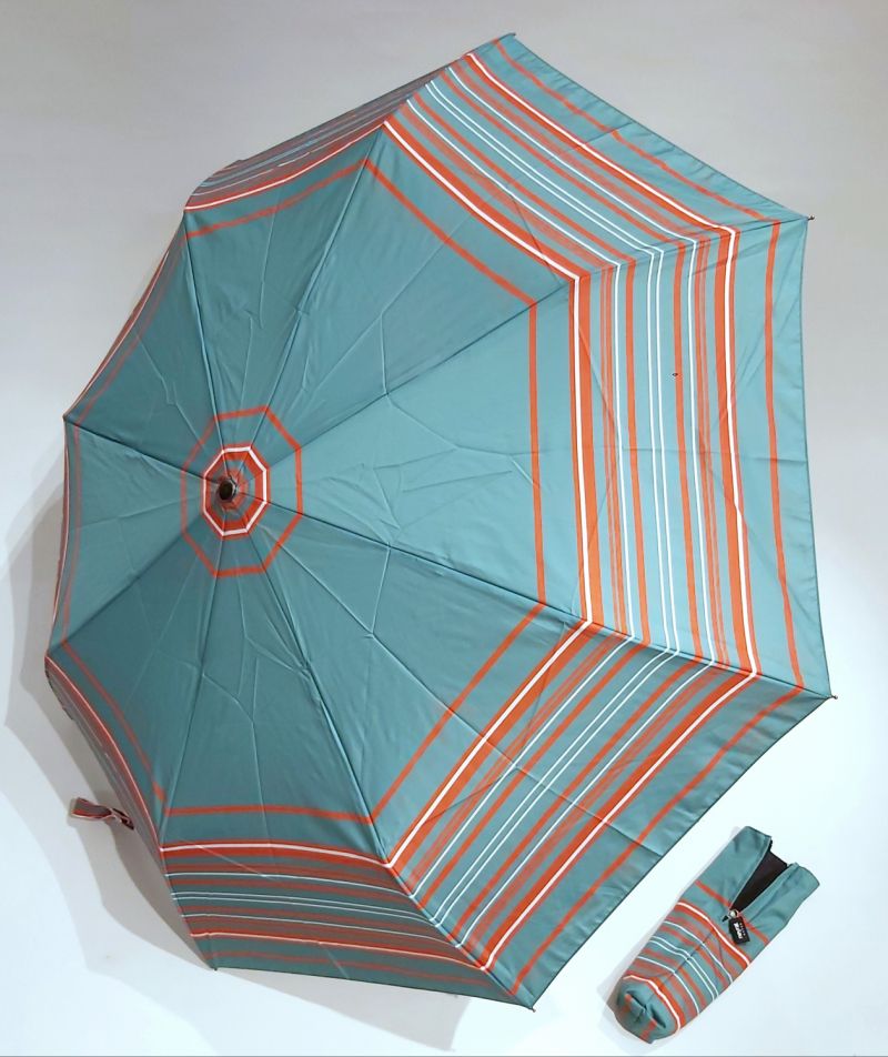 Mini parapluie pliant vert open close rayé rouge & blanc Neyrat Autun, léger et solide