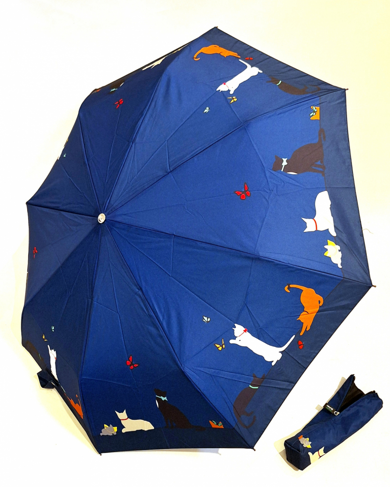 Mini parapluie pliant bleu à motif sur les chats joueurs open close Neyrat Autun - léger & solide