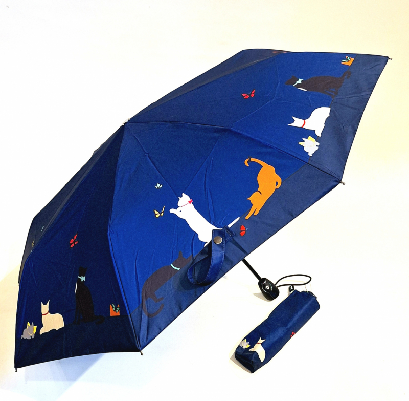 Mini parapluie pliant bleu à motif sur les chats joueurs open close Neyrat Autun - léger & solide