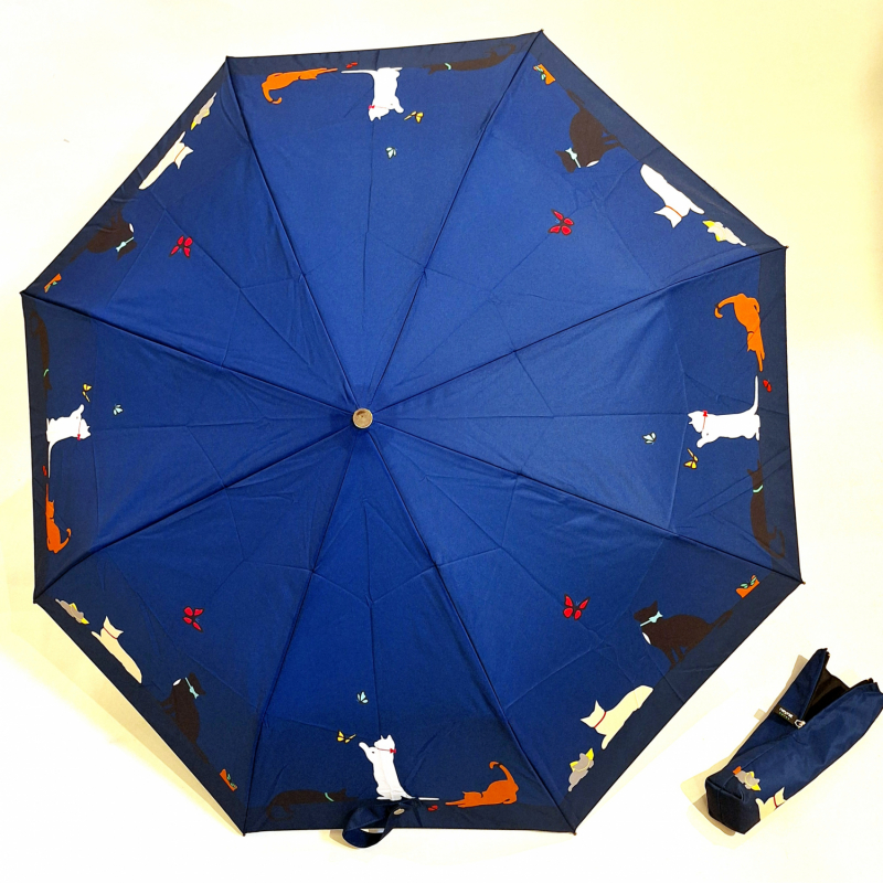 Mini parapluie pliant bleu à motif sur les chats joueurs open close Neyrat Autun - léger & solide