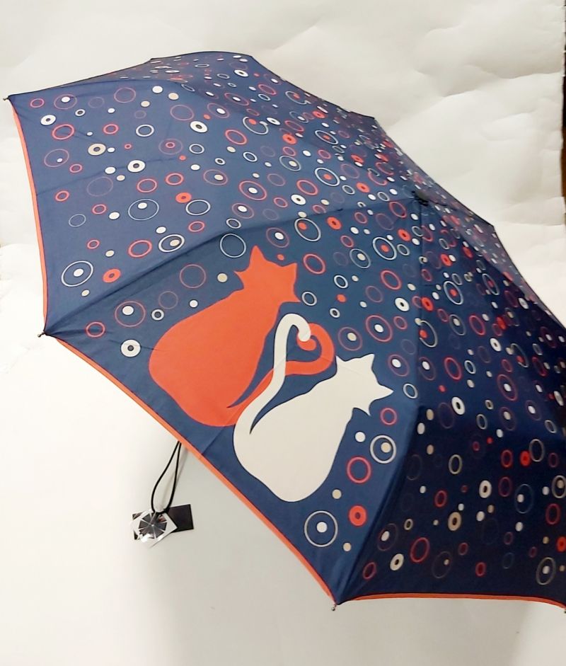 Mini parapluie pliant bleu à motif sur les chats rouge & blanc open close Neyrat Autun, léger et solide