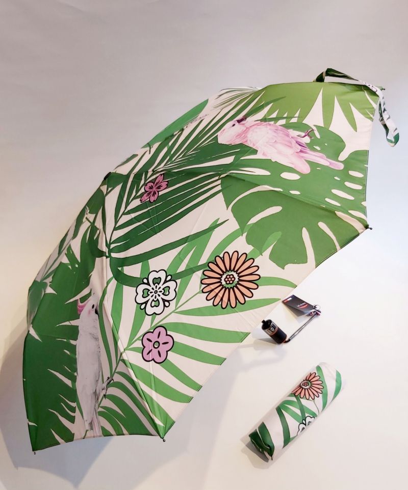 Parapluie mini pliant open-close vert à motif perruche blanc Neyrat Autun, léger & solide