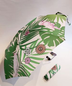Parapluie mini pliant open-close vert à motif perruche blanc Neyrat Autun, léger & solide