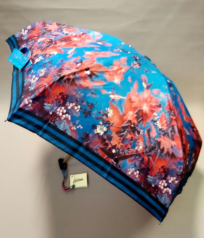 parapluie jean Paul Gaultier micro plat de poche bleu fleurs oiseaux pochon imperméable, léger et résistant