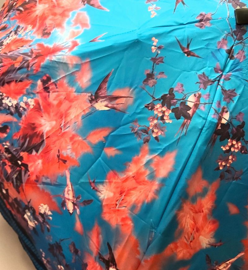 parapluie jean Paul Gaultier micro plat de poche bleu fleurs oiseaux pochon imperméable, léger et résistant