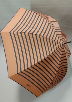 Parapluie Jean Paul Gaultier long automatique caramel et bleu marine à rayures, léger et solide