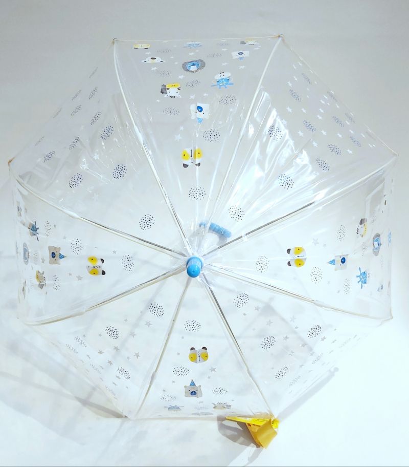 Parapluie cloche enfant de 5/9 ans transparent jaune à motif tête d'animaux, léger & solide