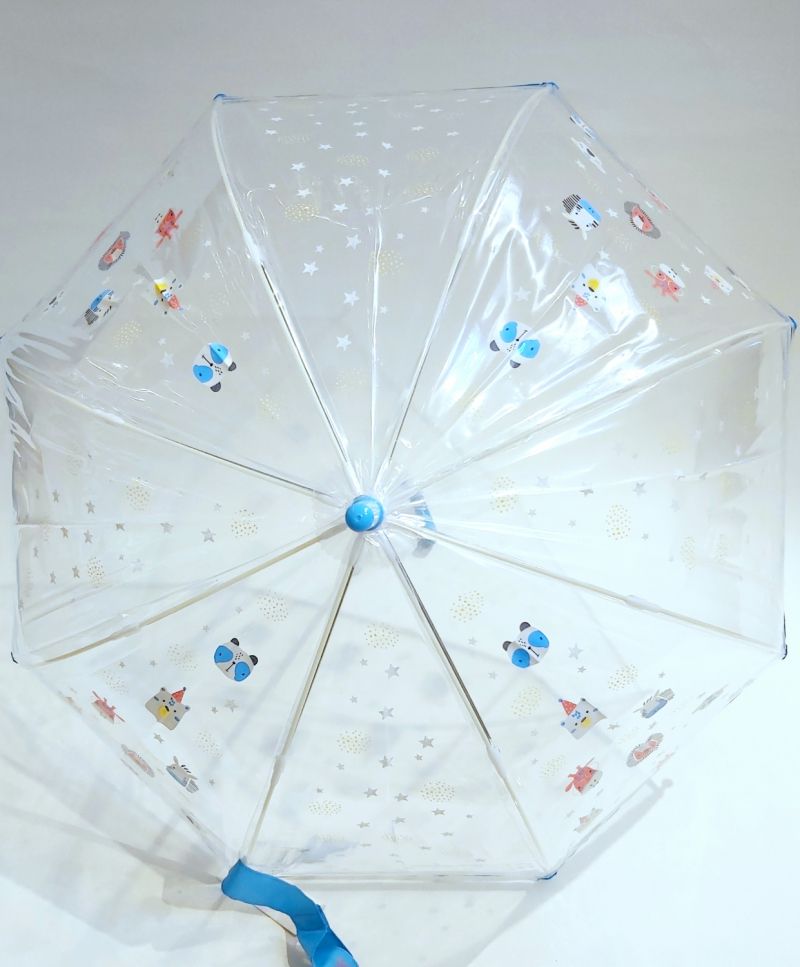 Parapluie cloche transparent enfant bleu à motif tête d'animaux 5/9 ans, léger & solide