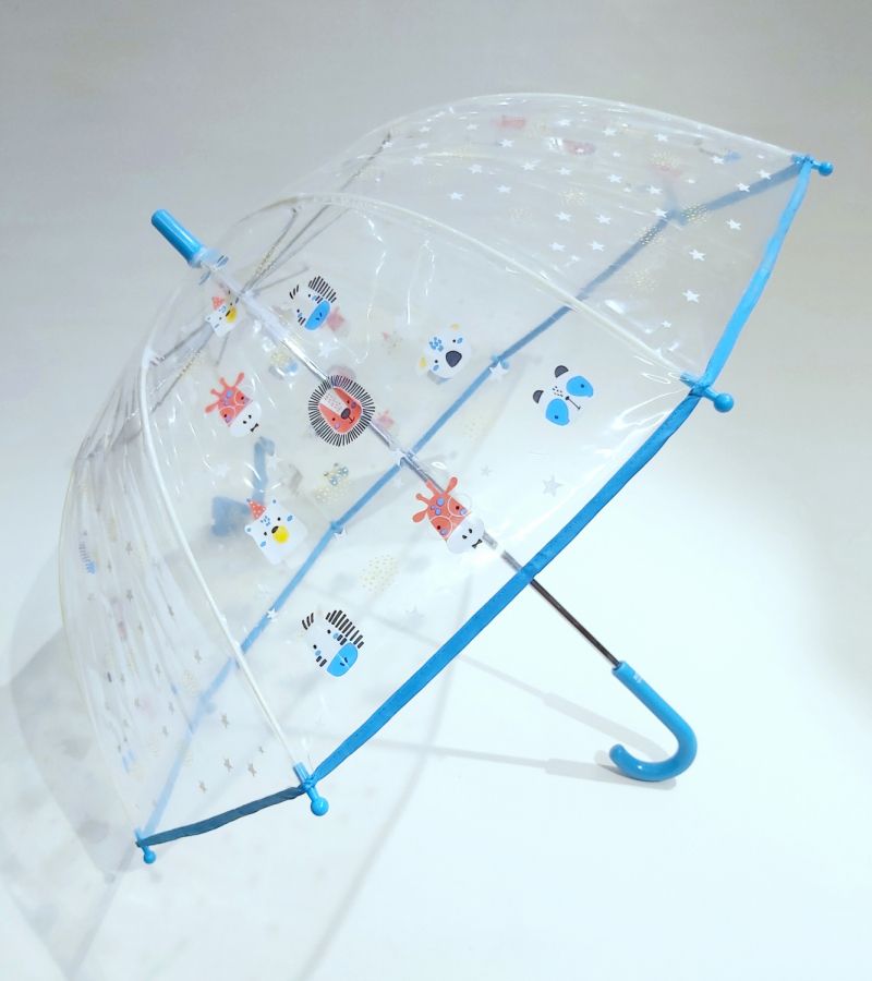 Parapluie cloche transparent enfant bleu à motif tête d'animaux 5/9 ans, léger & solide