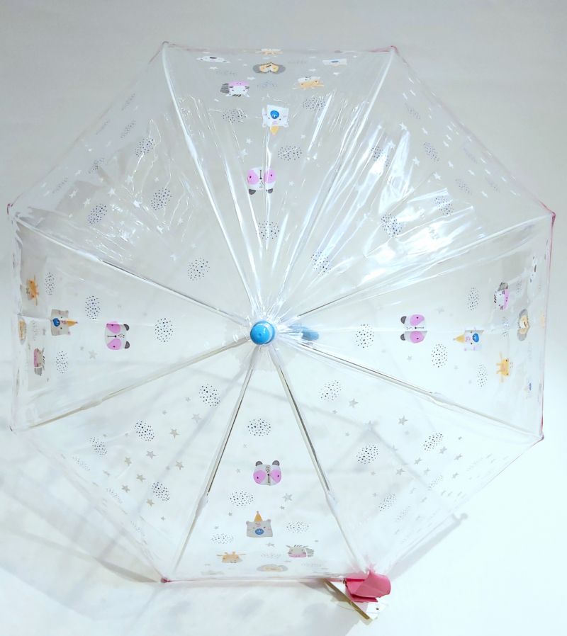 Parapluie enfant cloche transparent rose / bleu à motif têtes d'animaux 5/9 ans, léger & solide