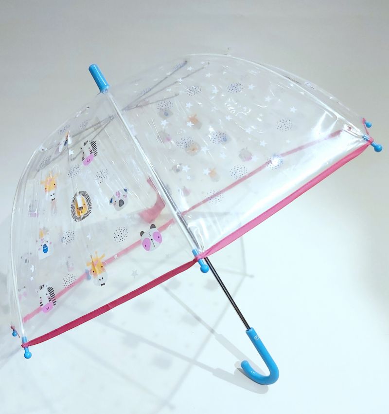 Parapluie enfant cloche transparent rose / bleu à motif têtes d'animaux 5/9 ans, léger & solide