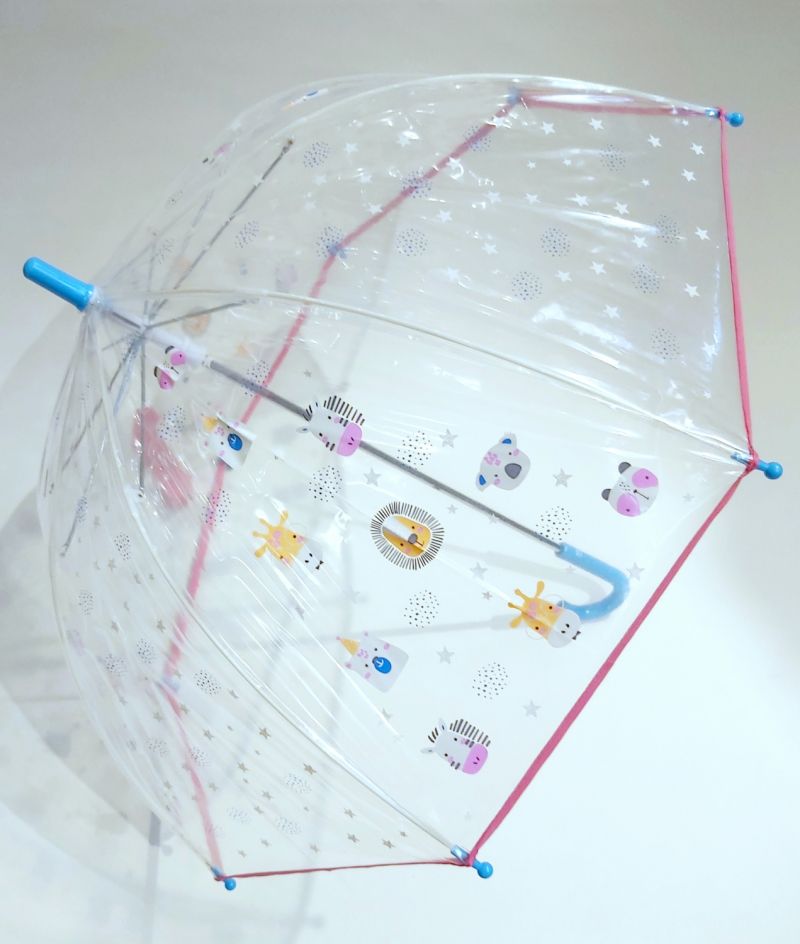 Parapluie enfant cloche transparent rose / bleu à motif têtes d'animaux 5/9 ans, léger & solide
