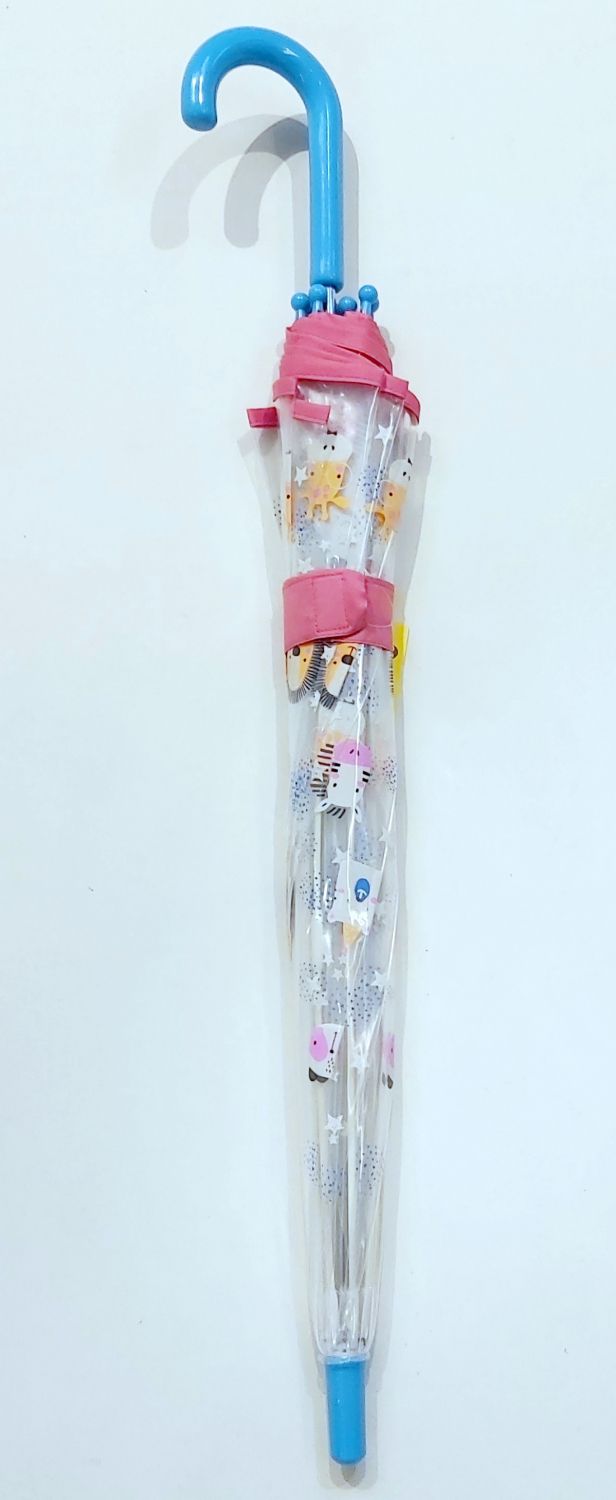 Parapluie enfant cloche transparent rose / bleu à motif têtes d'animaux 5/9 ans, léger & solide