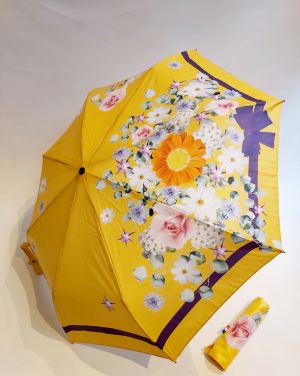 Parapluie mini pliant open-close jaune son bouquet floral Neyrat Autun, léger & solide