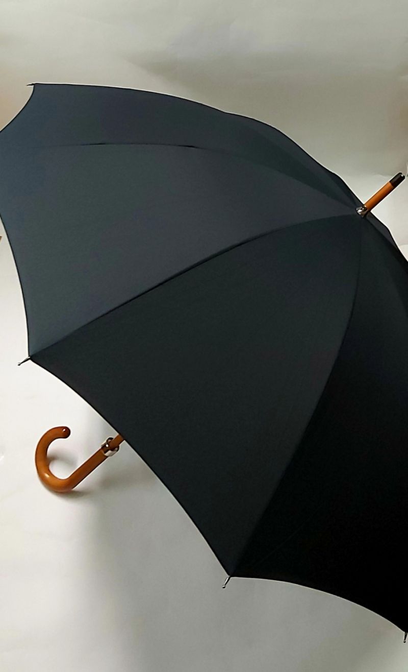 Parapluie long noir manuel 10 baleines Français - poignée courbe bois - Vaux - Grand & résistant