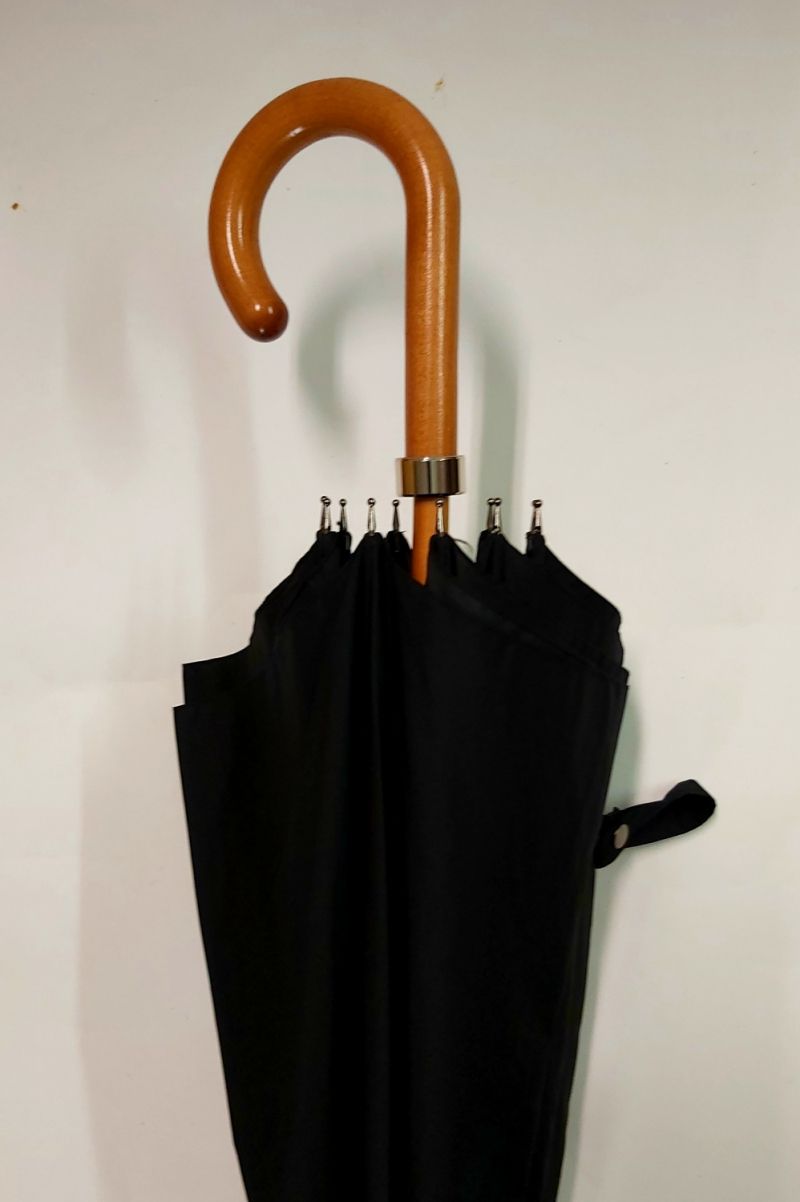 Parapluie long noir manuel 10 baleines Français - poignée courbe bois - Vaux - Grand & résistant