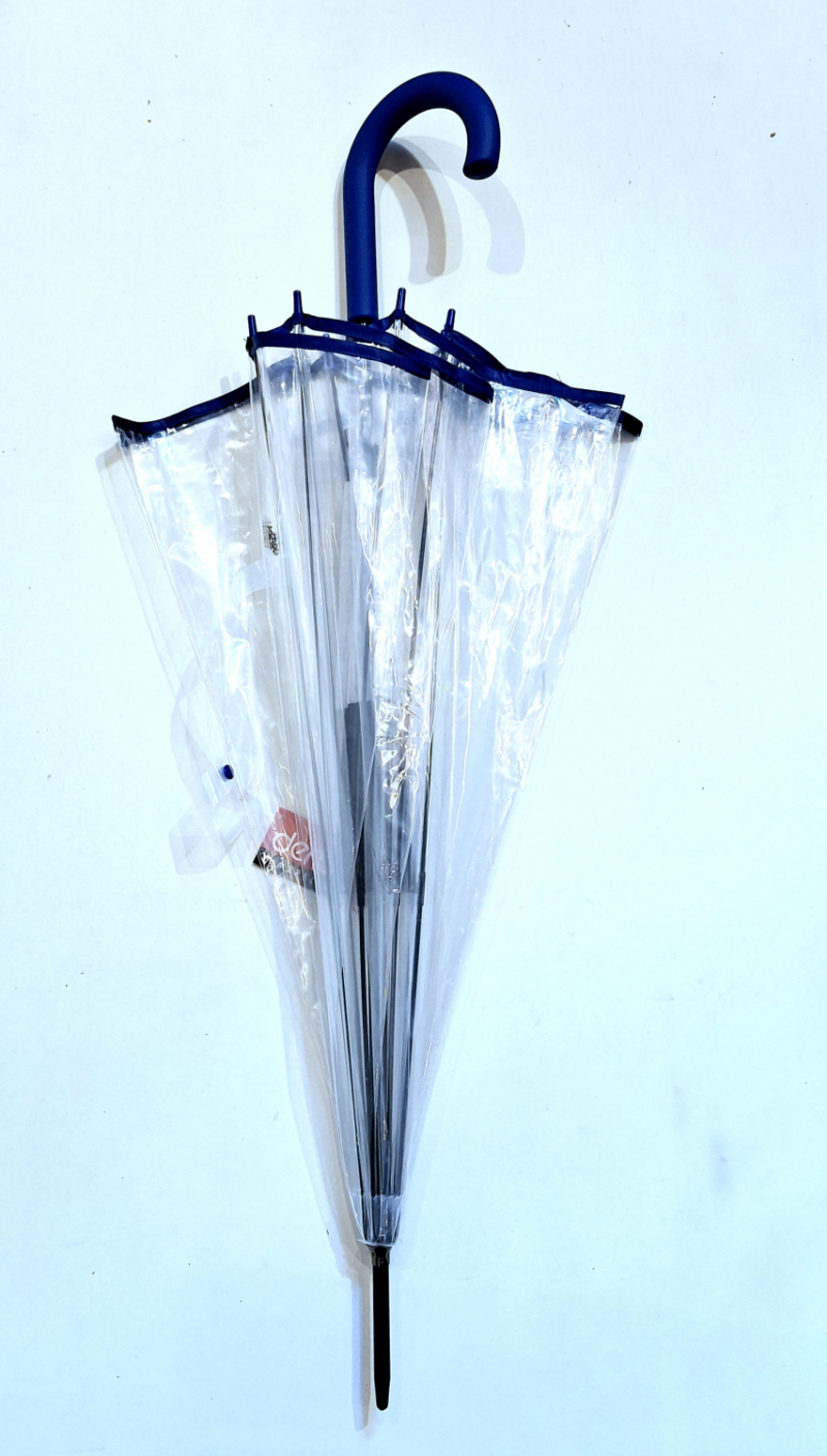 Parapluie transparent Cloche Pas Cher long automatique gansé bleu marine 8 branches - léger & solide 