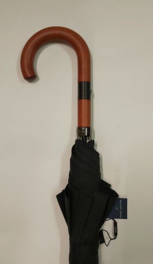 Parapluie long automatique uni noir poignée bois D.Hetcher, grand & anti vent