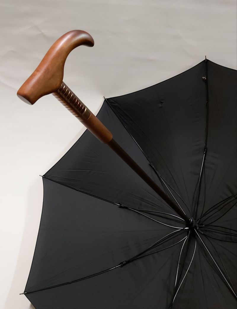 Parapluie canne long manuel noir avec une poignée T bois français, ajustable et résistant