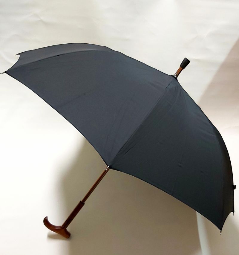Parapluie canne long manuel noir avec une poignée T bois français, ajustable et résistant
