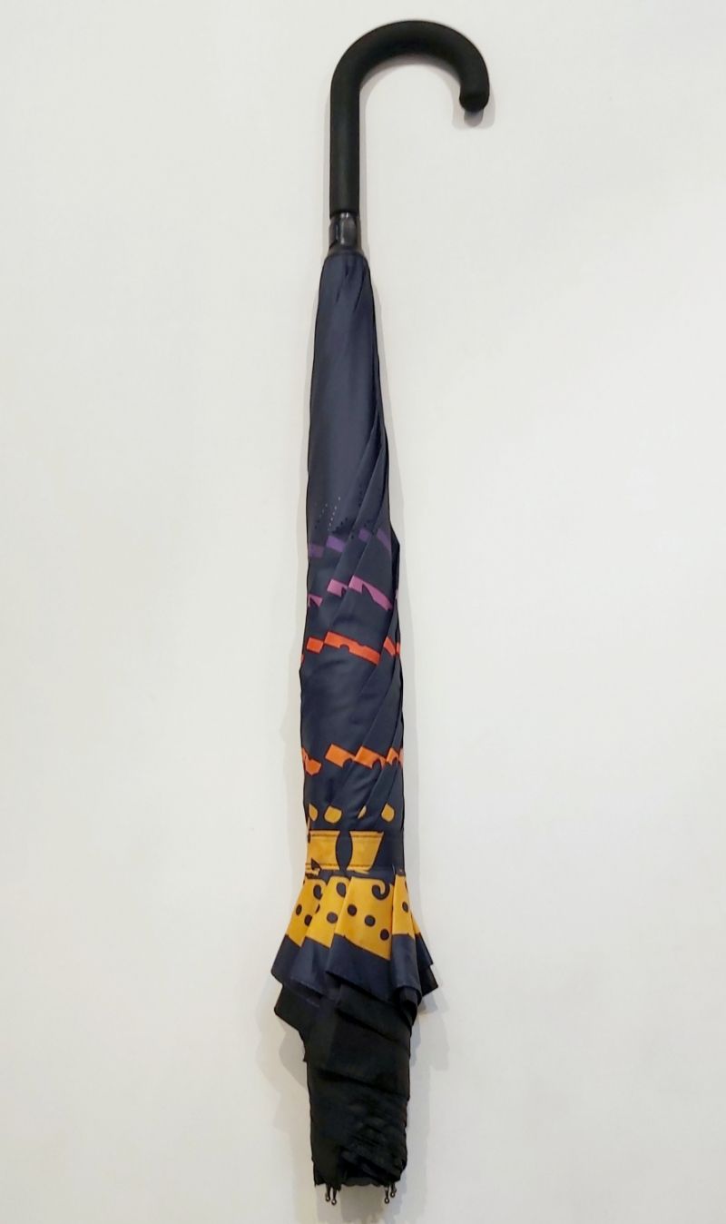 Parapluie inversé tissu noir doublé rayures noir et jaune Bandana, léger et solide