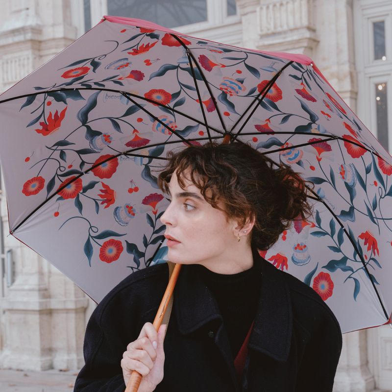 Parapluie Long Piganiol GOURMANDISE manuel doublé rose imprimé de fleurs- Grand résistant & français 