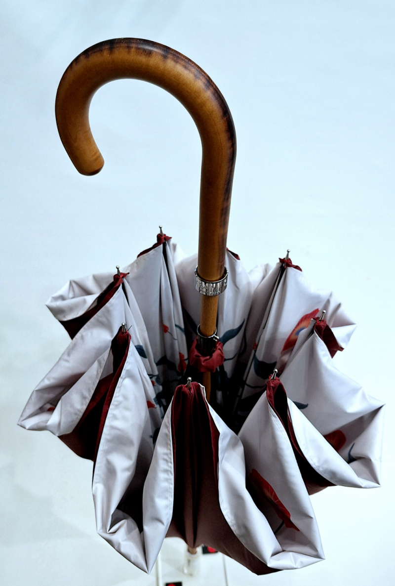 Parapluie Long Piganiol GOURMANDISE manuel doublé rose imprimé de fleurs - Anti uv 100% - Grand résistant & français 