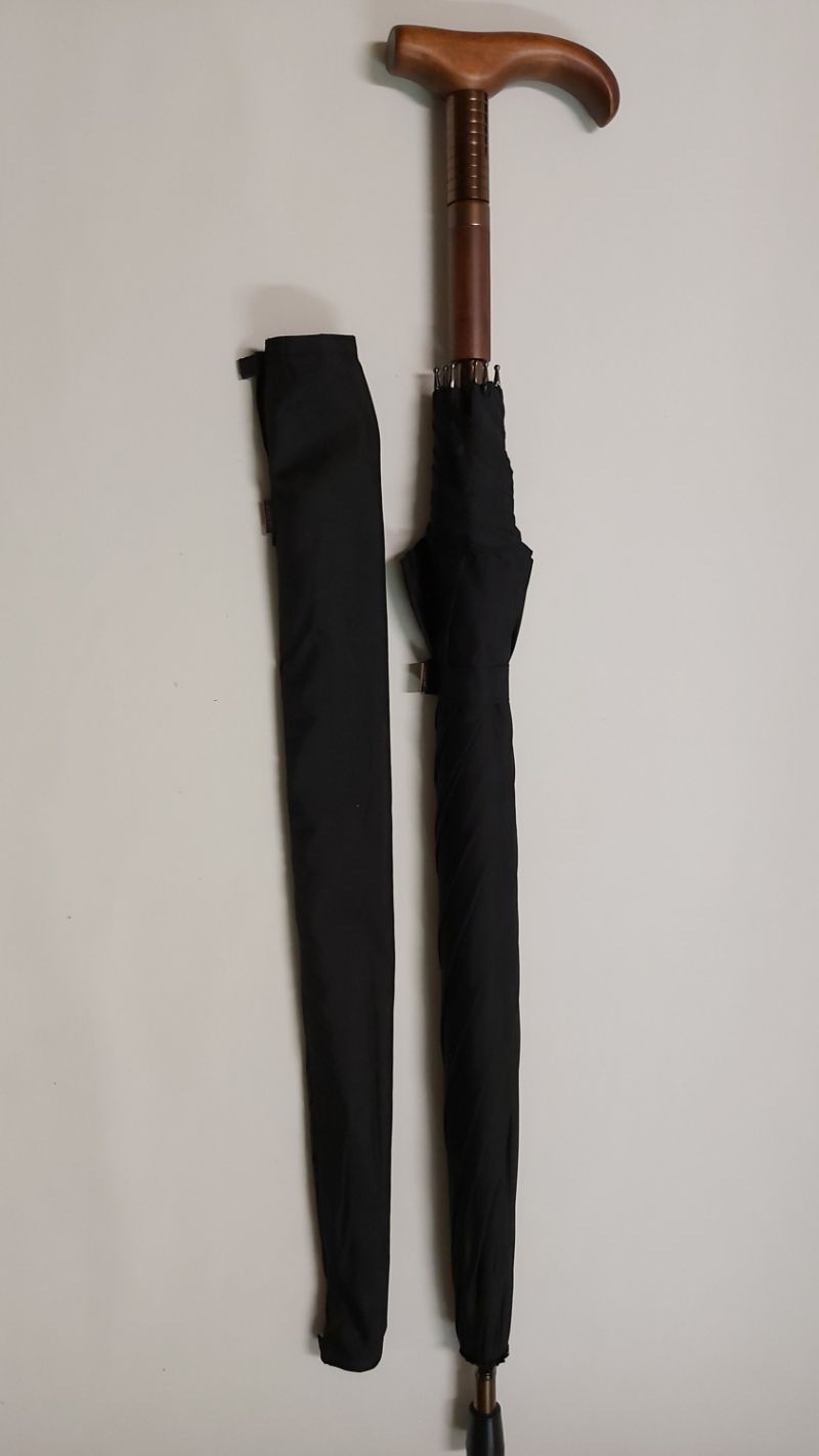 Parapluie long canne manuel noir avec une poignée T bois français, réglable et résistant