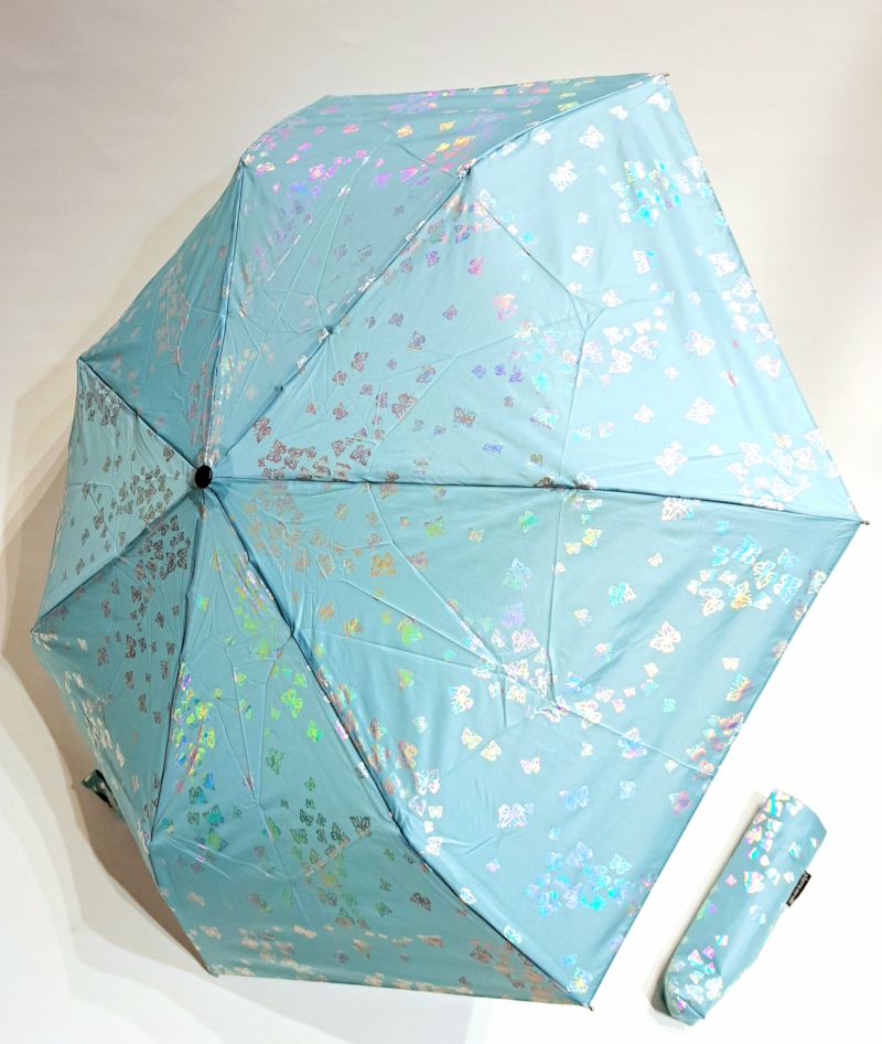 Mini parapluie pliant extra fin open-close vert d'eau papillon irisé - léger 250g & solide 