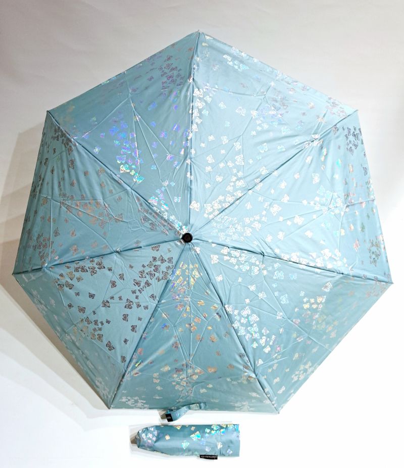 Mini parapluie pliant extra fin open-close vert d'eau papillon irisé - léger 250g et solide 