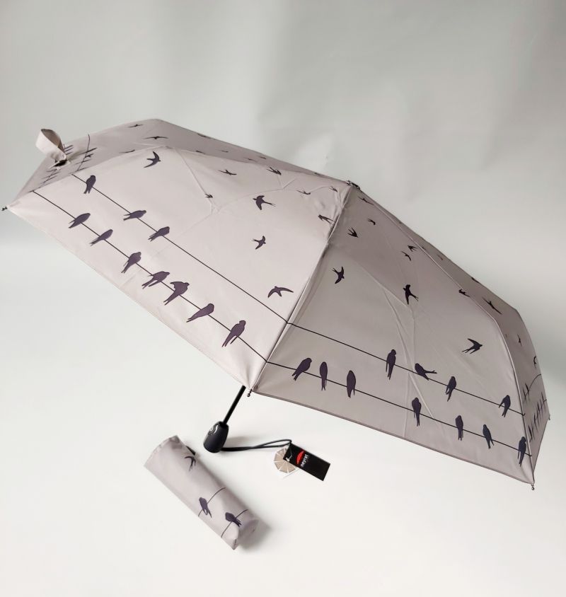  Mini parapluie pliant open-close beige à motif avec des hirondelles Neyrat Autun, léger et solide