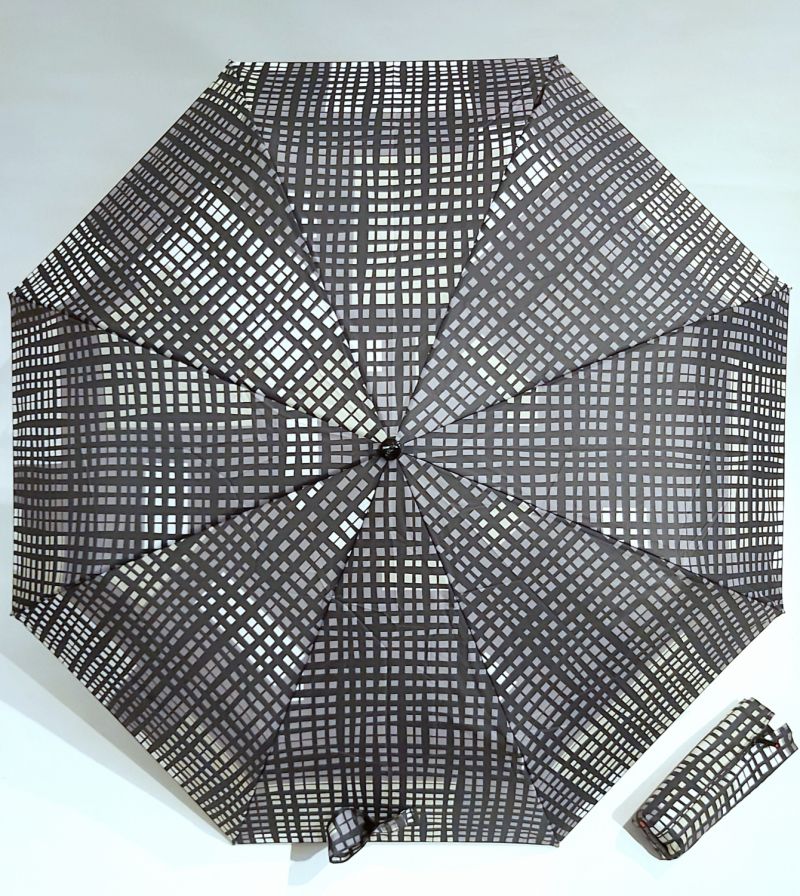 Mini parapluie Knirps T200 gris ecossias beige & noir Stone open close, léger et solide
